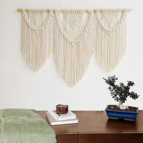 guzhiou large macrame wall hanging - Boho Tapestry Macrame Wall Decor Art- Chic Bohemian Handmade Woven Tapestry Home Decoration for Bedroom Living Room Apartment Wedding Party - 43"x32" (Beige-Leaf)