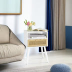 MaxSmeo White Nightstand with Drawer, Mid Century Modern Nightstand, Rattan Side Table, End Table with Storage for Living Room, Bedroom and Small Spaces, Easy Assembly (White)