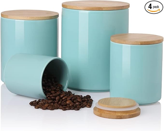 Sweejar Kitchen Canisters Ceramic Food Storage Jar Set, Stackable Containers with Airtight Seal Bamboo Lid for Serving Ground Coffee, Tea,Grains, Herbs,Sugar, Salt and More - Pack of 4（Turquoise）