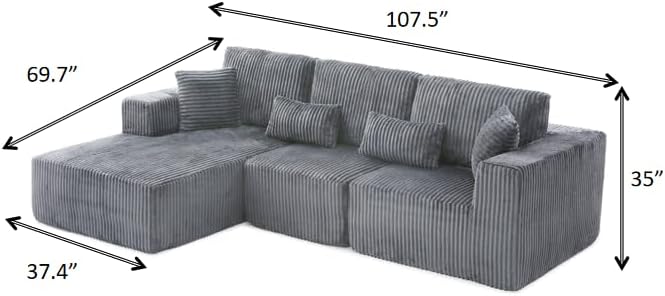 HYJT-H&K Modular Sectional Sofa Cloud Sectional Couch, 107" Comfy Fluffy L Shaped Dark Grey Couches for Living Room, Deep Seat Memory Foam Plush Corduroy Boneless Couch Sectionals Left Facing Chaise