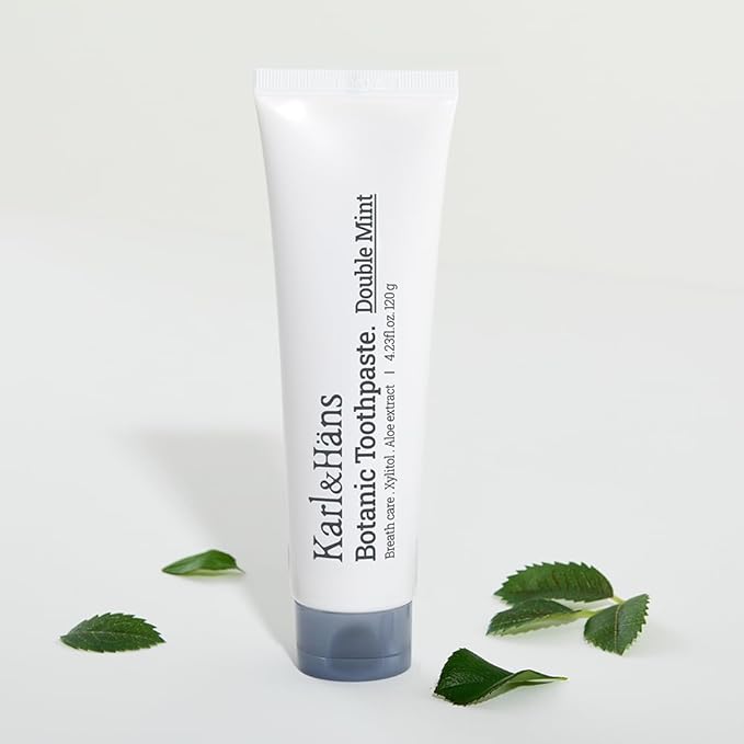 Karl&Hans Botanic Double Mint Toothpaste with Fluoride - Natural, Freshens Breath, Strengthens Enamel, Whitens Teeth, and Soothes Sensitive Teeth with Xylitol and Aloe Extracts, 4.23 oz