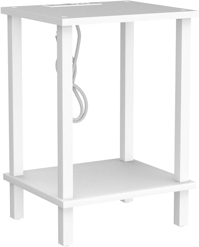 TUTOTAK End Table with Charging Station, Set of 2, Small Side Table with Outlets, Nightstand Bedside Table, 2-Tier Storage Shelf for Small Space, Living Room, Bedroom White TB01BW041