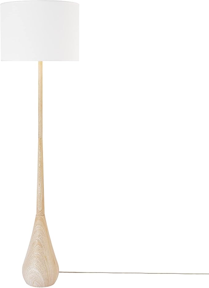 GLOBE Electric 52112 65" Floor Lamp, Faux Wood Finish, White Cotton Shade, Japandi Style, E26 Base, Modern Bedroom and Living Room Lighting