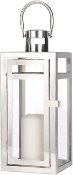 TRIROCKS Stainless Steel Decorative Lantern 12'' High Metal Hanging Lantern with Clear Glass Panels Perfect for Home Decor Living Room Parties Events Tabletop Indoors Outdoors (Silver)