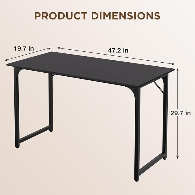 PayLessHere | 47 Inch Computer Desk | Black | Office Desk with Metal Frame, Adjustable Feet | Water-Resistant, Scratchproof Surface | Sturdy Writing Table for Home Office or Study | Pack of 1