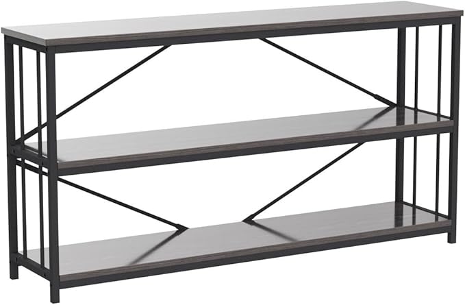 LVB Industrial Console Table, Metal and Wood Sofa Table, Rustic Entryway Table with Storage, Modern 3 Tier Shelf Long Foyer Tables Behind Couch for Home Living Room Hallway, Dark Gray Oak, 55 Inch