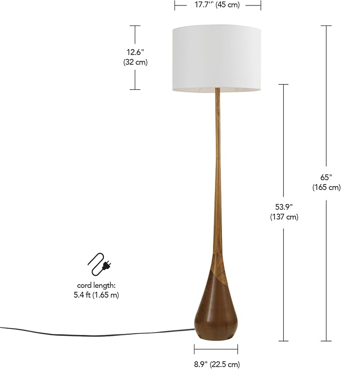 GLOBE Electric Novogratz x Harrington 65" Floor Lamp, 2-Tone Faux Wood Base, White Fabric Shade, Socket Rotary Switch 67225