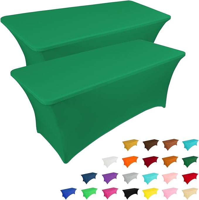 IVAPUPU 2 Pack 4FT Table Cloth for Rectangular Fitted Events Stretch Emerald Green Table Covers Washable Cover Spandex Tablecloth Protector for Party, Wedding, Cocktail, Banquet, Festival