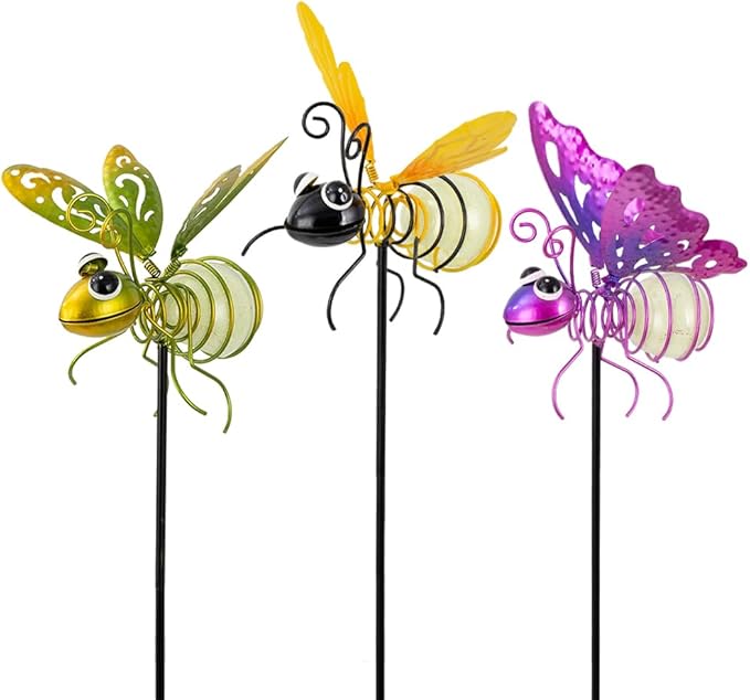 Garden Decor for Outside,3 Pcs Luminous Insect Garden Decorative Stakes,Glow in The Dark Bee Lights Metal Yard Art,Waterproof Outdoor Spring Lawn Patio Pathway Decoration for Mom,Women,Grandma