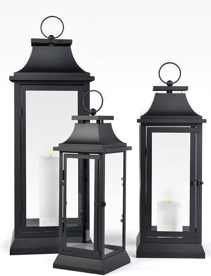 Serene Spaces Living Black Metal Hurricane Lantern with Clear Glass – 15" Tall, 5" Square. Versatile Hanging/Tabletop Candle Holder for Weddings, Parties, Indoor & Outdoor Home décor.