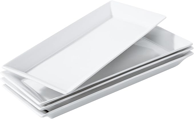 Rectangular Ceramic Serving Platters Set of 4, 14 inch Large Porcelain Serving Plates, White Appetizer Trays, Dishwasher Safe Plates for Steak, Charcuterie, Thanksgiving Turkey, Desserts