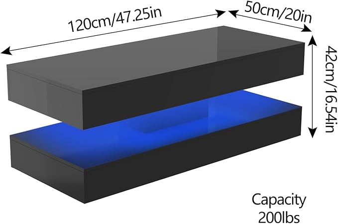 Uspeedy 47.3IN High Glossy LED Coffee Table,Modern Coffee Tables for Living Room,Living Rooms Tables,Large Living Room Furniture,APP LED Lights,Black/White Coffee Table for Livings Room (Black)