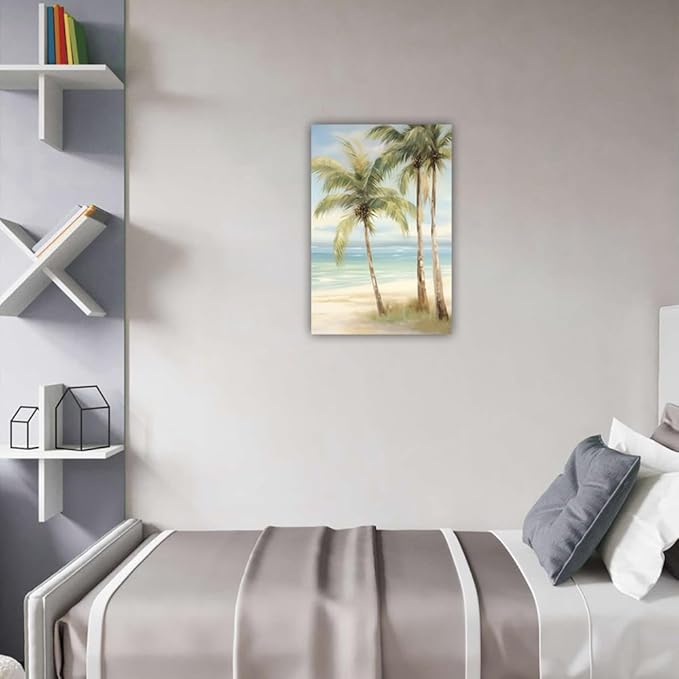LURENCZH Tropical Beach Canvas Wall Art Seaside Palm Tree Picture Wall Decor Ocean Scenery Painting Prints for Bathroom Decor Framed(Beach-3,24.00" x 36.00")