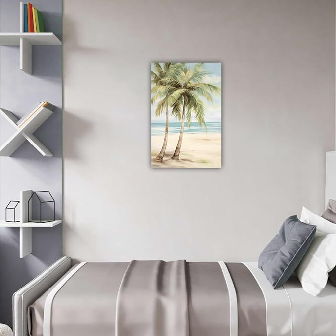 LURENCZH Tropical Beach Canvas Wall Art Seaside Palm Tree Picture Wall Decor Ocean Scenery Painting Prints for Bathroom Decor Framed(Beach-2,12.00" x 18.00")