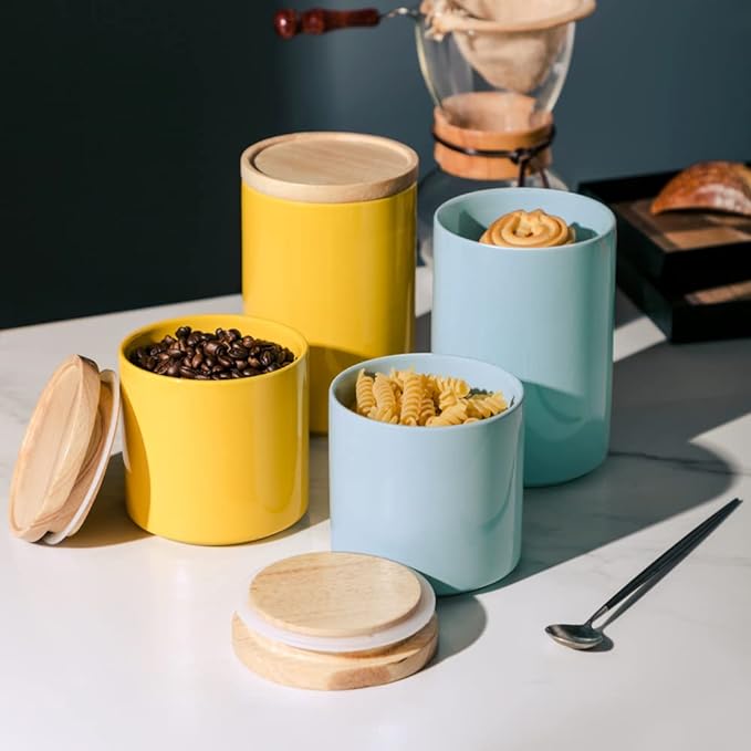 Sweejar Kitchen Canisters Ceramic Food Storage Jar, Stackable Containers with Airtight Seal Wooden Lid for Serving Ground Coffee, Tea, Sugar, Salt and More - 28 Fl Oz (Dark Turquoise)