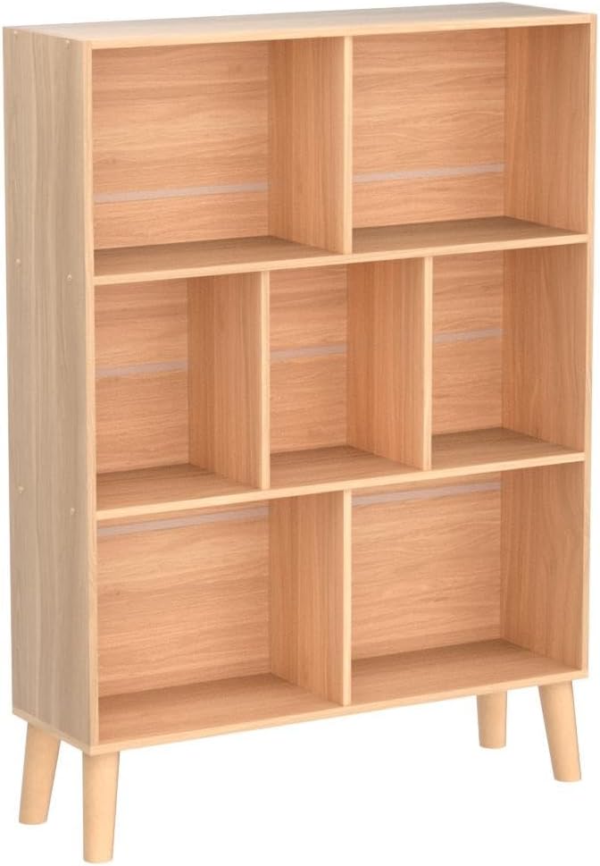 LEYAOYAO Wooden 7 Cube Book Shelf, Natural 3 Tier Bookshelf with Legs, Modern Open Storage Organizer,Boho Bookcase,Display Cabinet Shelf Free Standing Bookshelves for Bedroom,Living Room,Office