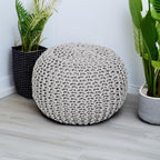 REDEARTH Round Boho Pouf Ottoman - Cable Knitted Cord Boho Pouffe - Stuffed Poof Accent Beanbag Footrest for Living Room - Nursery - Bedroom - Covered Patio - Study Nook (19.5"x19.5"x14") - Gray