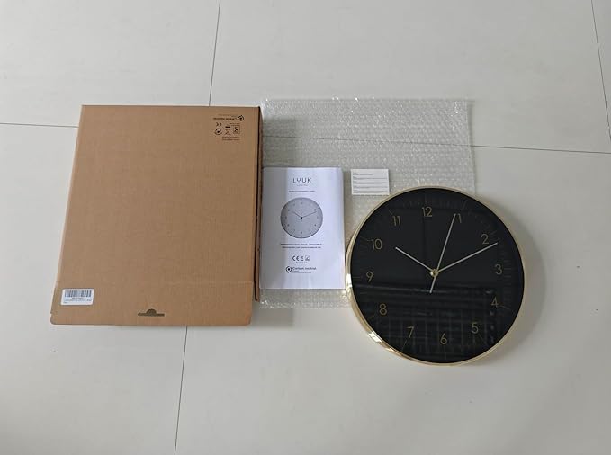 LUUK LIFESTYLE Modern Wall Clock with Silent Quartz Movement, Stylish & Functional, Decoration for Bedroom, 12 inch, in Black & Gold