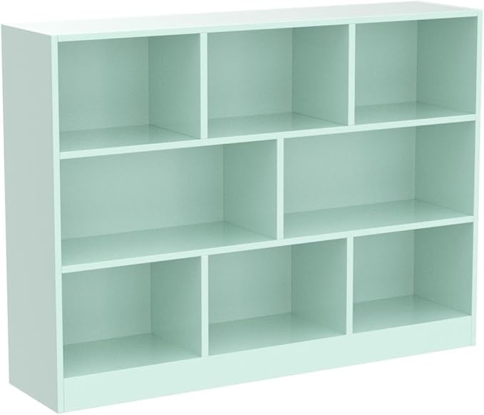 IOTXY Open Shelf Low Bookcase - Wooden 3-Tier Floor Standing Display Cabinet Organizer with Base, 8 Cubes Short Horizontal Bookshelf in Tiffany-Green
