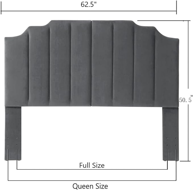 24KF Dark Gray Velvet Tufted Queen Upholstered Headboard, Modern Vertical Channel Design California Queen/Full Headboard with Stepped Silhouette Top Edge,Dark Gray