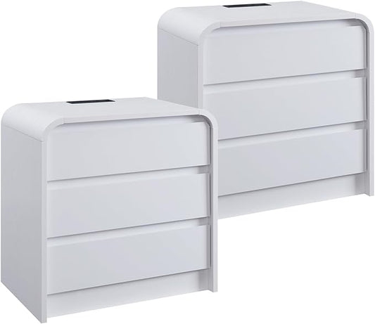25" Tall Modern Nightstand Set of 2, 23.6" Wide Wood Bedside Table with Charging Station, 3 Storage Drawers Side Table w/Curved Profile Design, End Table for Bedroom, White