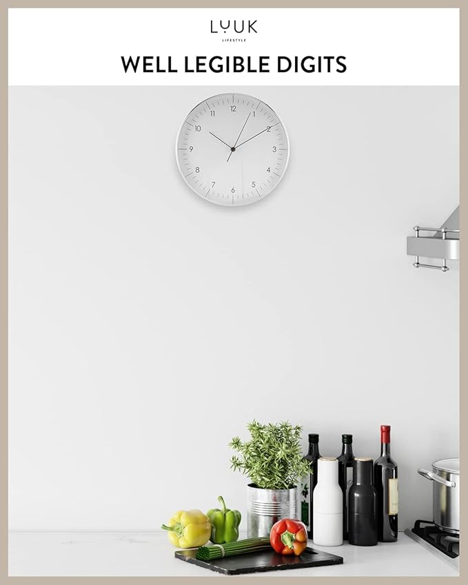 LUUK LIFESTYLE Modern Wall Clock Without Ticking, Pure Minimalist Design, legible Digits, Home Decor for Living Room, Office, in White and Silver