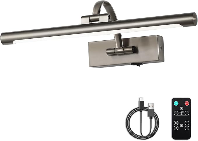 Battery Operated Picture Lights for Wall, Wireless Painting Lights Dimmable Artwork Lighting with Remote and Timer, Rechargeable Art Lights for Paintings-Brushed Grey 16'' inch Warm White