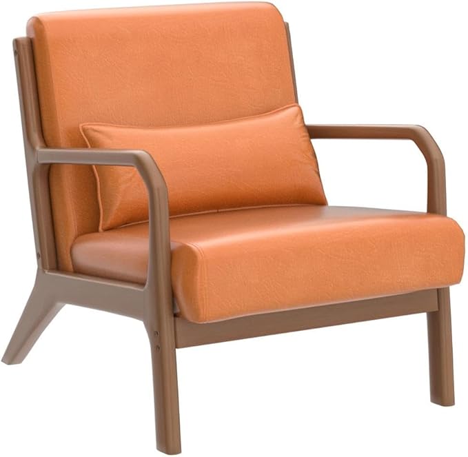 Glitzhome 30" H Mid Century Yellowish Brown Accent Armchair, Single Reading Sofa, PU Leather Lounge Chair with Walnut Ruberwood Frame for Livingroom or Office