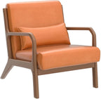Glitzhome 30" H Mid Century Yellowish Brown Accent Armchair, Single Reading Sofa, PU Leather Lounge Chair with Walnut Ruberwood Frame for Livingroom or Office