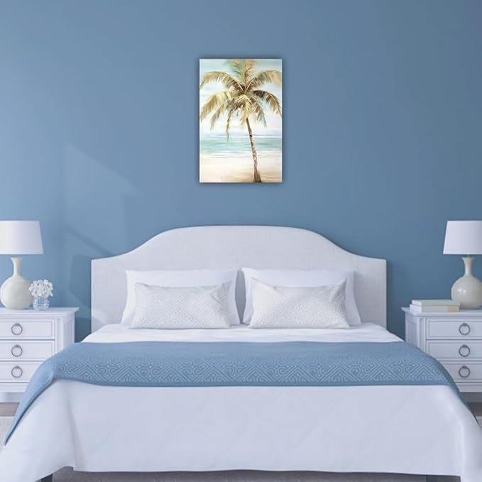 LURENCZH Tropical Beach Canvas Wall Art Seaside Palm Tree Picture Wall Decor Ocean Scenery Painting Prints for Bathroom Decor Framed(Beach-1,12.00" x 18.00")