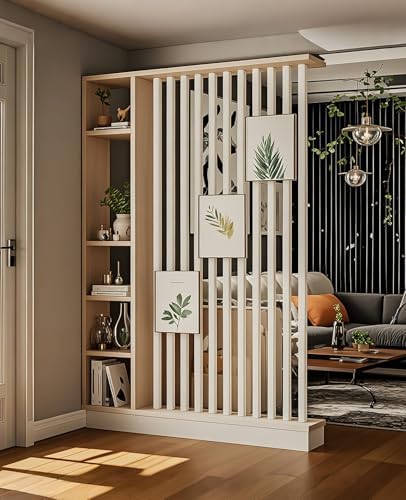 Wall Room Divider, Storage Cabinet Storage Display with Shelves, Modern Freestanding Wood Room Divider Screen, Wall Privacy Screens for Home Decorative (Beige+White,55" L x 9.5" W x 79.5" H)