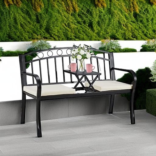 AVAWING Outdoor Metal Garden Bench, 2-Seat Patio Porch Bench with Steel Frame, Park Bench w/Pullout Middle Table＆ Cushion for Backyard Lawn Deck Entryway, Black