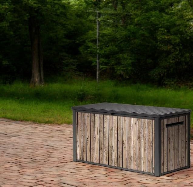 Outdoor Storage Box, Wood-Look Resin Deck Container, Indoor/Outdoor Storage, Ash Wood Brown (170 Gallon)