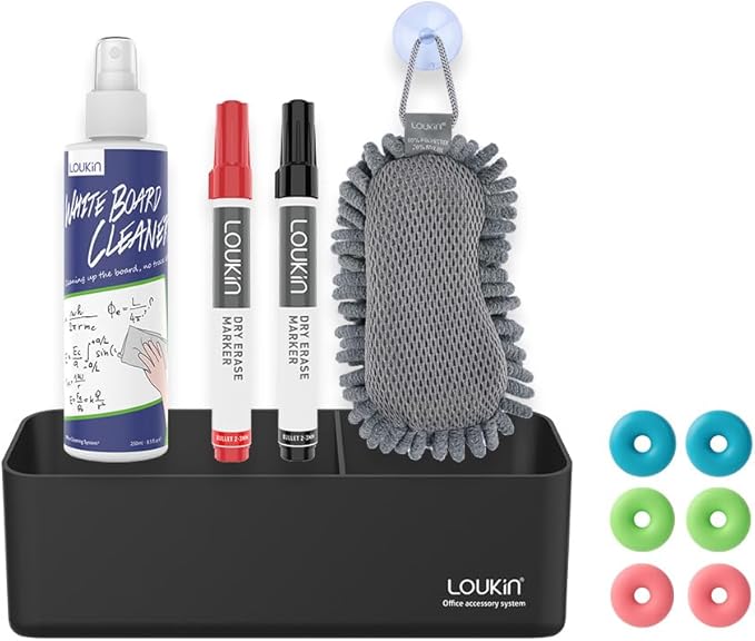LOUKin Magnetic and Adhesive Marker Holder, Dry Erase Accessory Tray Set (Includes 1 Eraser, 1 Cleaner, 2 Dry Erase Markers and 6 Magnets), Ideal for Office, School or Home Use.