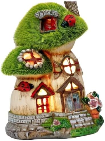 TERESA'S COLLECTIONS Mushroom Garden Statues with Outdoor Solar Light for Garden Decor, Green Flocked Decorations Resin Fairy House Accessories, Outdoor Decor Yard Gifts for Mom Women