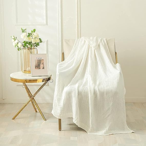 EMME Cotton Blanket for Couch Breathable Gauze All Season Soft and Lightweight Muslin White Throw Blankets for Adults (White, 50"x70")