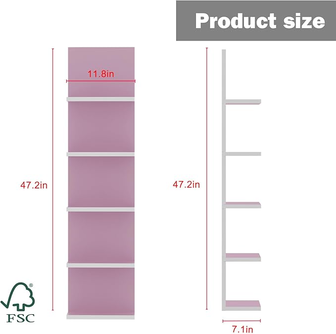 5 Tier Wall Shelf Unit,Modern Vertical Lack Wall Shelves with Light, Wall Mount, Floating Column Home Decor Shelves for Bedroom, Living Room, Vanity Storage Display(Pink)