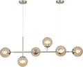 KCO Lighting Mid Century Modern Rectangle Light Fixture 6-Light Glass Globe Linear Chandelier Brushed Nickel Pendant Light Fixture Adjustable Kitchen Island Lighting (Silver+Amber)