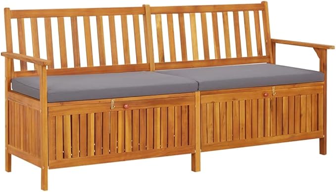 vidaXL Acacia Wood Outdoor Storage Bench Deck Box with Cushion - Solid Wood Patio Furniture, Brown/Dark Gray, 66.9"x24.8"x33.1"