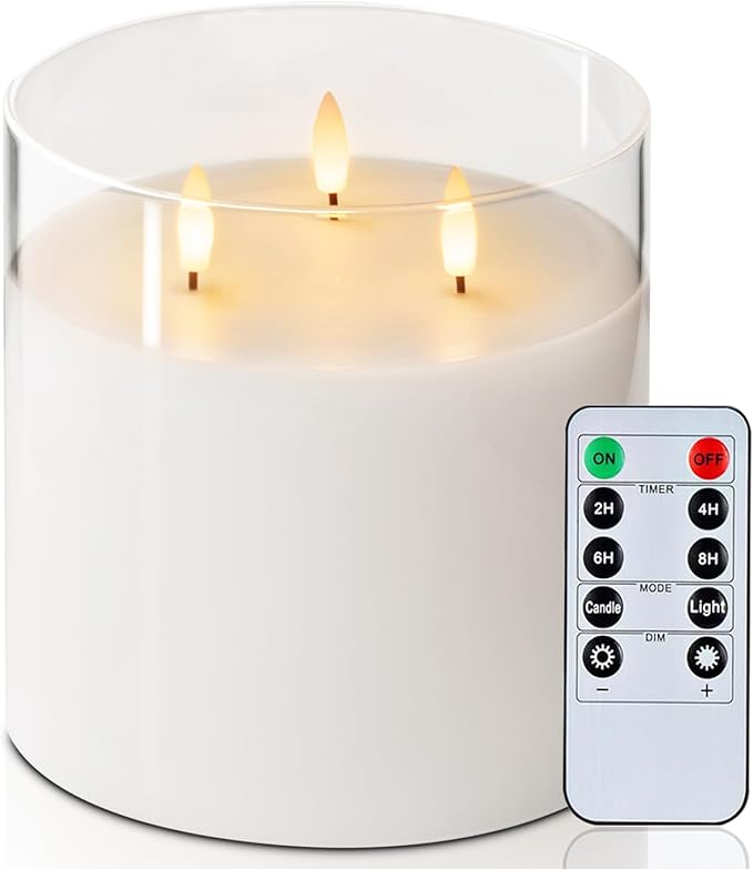 Homemory 6X6'' Extra Large Flameless Candle with 3 Wicks, Glass LED Pillar Candle, Real Wax Battery Operated Candle with Remote Control and Timer, Pure White