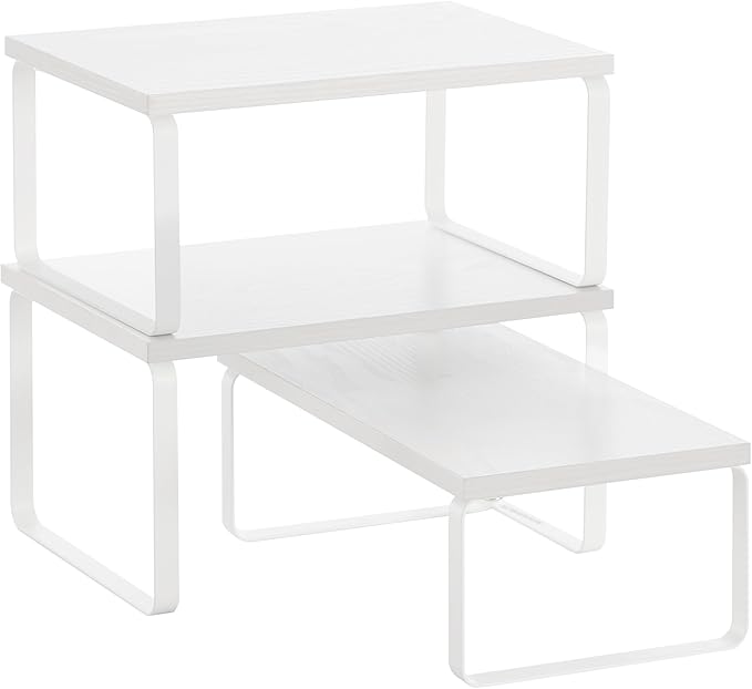 SONGMICS Cabinet Organizer Shelf, Set of 3 Kitchen Counter Shelves, Kitchen Storage, Spice Rack, Stackable, Expandable, Snow White and Matte White UKCS220W01