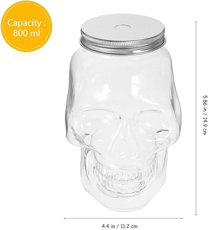 VOSAREA 4pcs Halloween Beverage Bottles Clear Skull Shaped Jar Cups 800ml Plastic Drink Bottles with Screw Straw Hole Lid Party Water Tumbler Skull Beverage Juice Mug