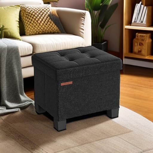 SONGMICS Storage Ottoman, Small Ottoman Foot Rest with Legs, 12.6 x 15.8 x 13.2 Inches Foot Stool, Load up to 660 lb, for Living Room, Bedroom, Dorm, Ink Black ULSF012B01