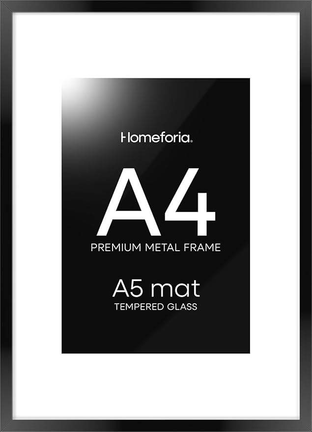 Homeforia A4 Picture Frame Black, High End Metal 8.3 x 11.7 Frames for Wall, A4 Photo Frame with Mat for A5 inch Print, 8.25 by 11.75 Black Poster Frames, 8.3x11.7 Frame with Glass, Wall Kit, Set of 1