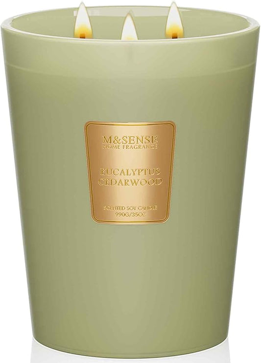 M&SENSE Eucalyptus & Cedarwood Scented Candle, 3 Wick 35oz Natural Soy Wax Candles for Home Scented, Green Candles Gift for Spring, 150 Hours Long Lasting Slow Burning