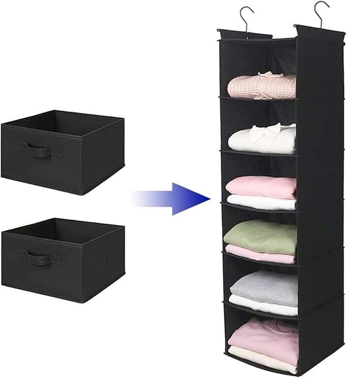 MAX Houser Hanging Shelf Closet Storage Organizer Removable Drawers ，Hanging Storage Organizer Hanging Sweater 2 Sock Underwear Drawers for Closet, Bedroom, Black