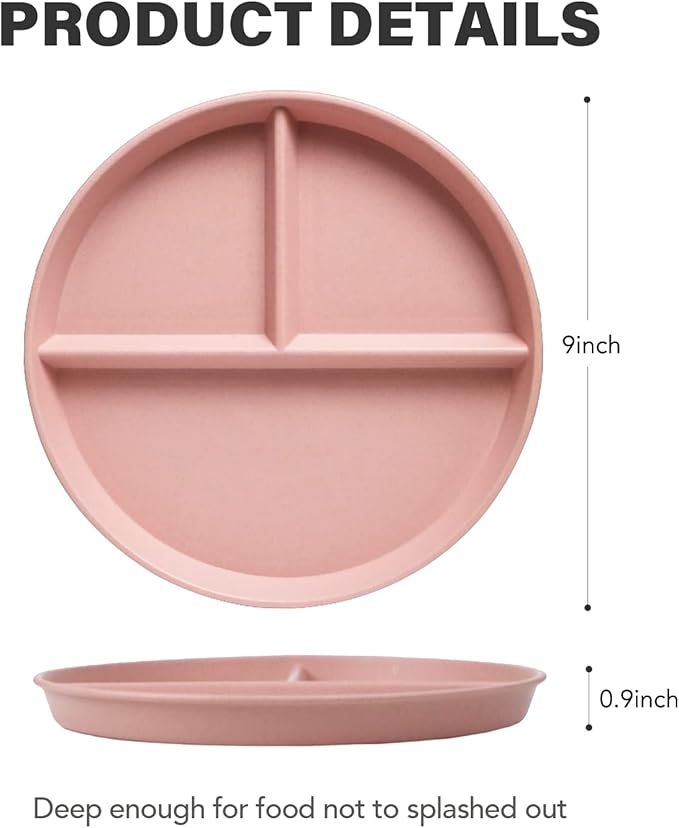 greenandlife 9 Inch (4PCS) Unbreakable Divided Plates for Kids Adults, Dishwasher & Microwave Safe Compartment Plate, Lightweight Reusable Plastic Portion Control Plates, BPA Free and Healthy