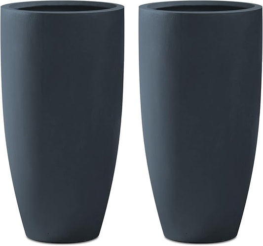 Kante 23.6" H Charcoal Concrete Tall Planters (Set of 2), Large Outdoor Indoor Decorative Plant Pots with Drainage Hole and Rubber Plug, Modern Style for Home and Garden