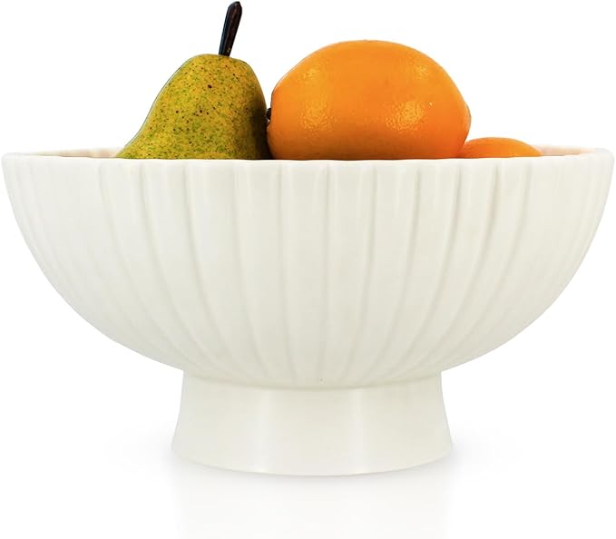 White Ceramic Fluted Decorative Bowl - 8 inch Fruit Footed Bowl for Kitchen Counter, Modern Key Pedestal Ruffle Bowl for Entryway Table & Home Organization-Fits Bread, Fruits, Salad or Popcorn