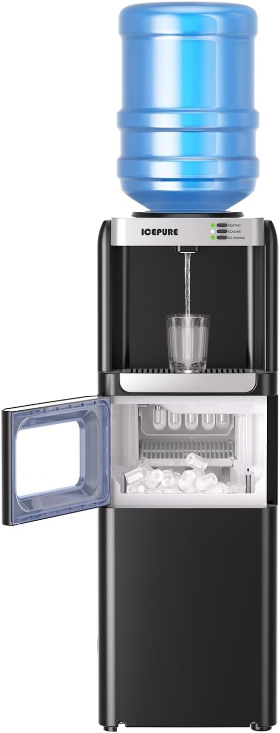 ICEPURE 3-in-1 Water Dispenser with Ice Maker, Water Cooler Dispenser for 5 Gallon Bottle Built-in Bullet Ice Maker Top Loading, Hot and Cold Water Dispenser for Home/Office, 33lbs/24H, Child Lock